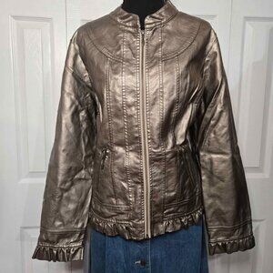 Christopher & Banks Gunmetal Gray Faux Leather Bomber Jacket Zipper Ruffles
